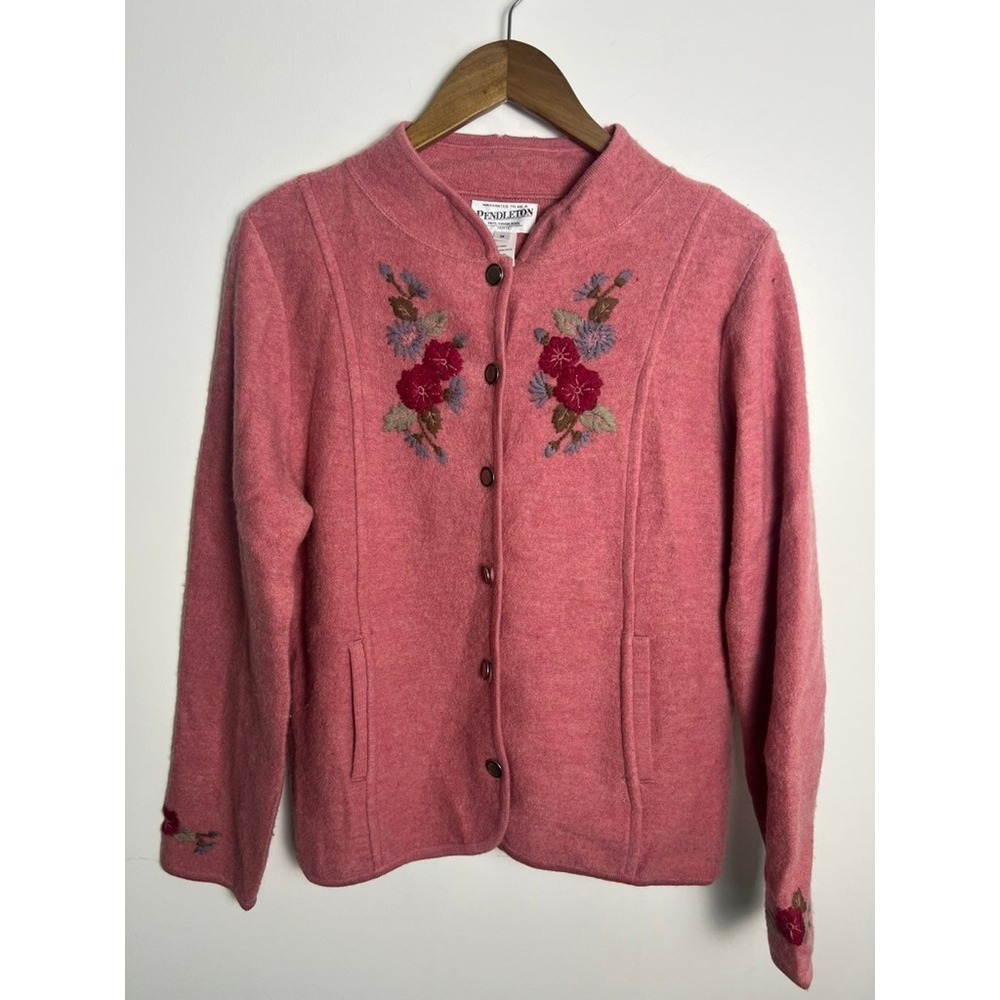 Pendleton Pink Virgin Wool Floral Embroidered Cardigan Sweater Petite Med Granny